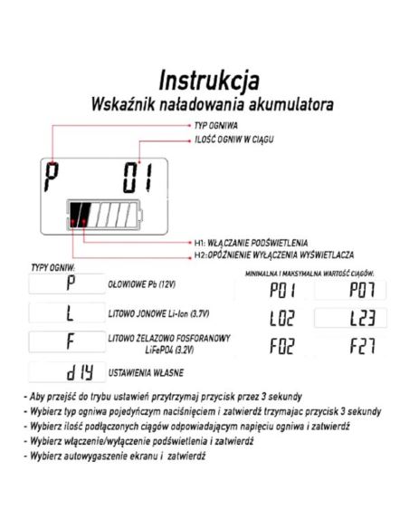 Wskaźnik LCD naładowania akumulatora Pb Li-Ion