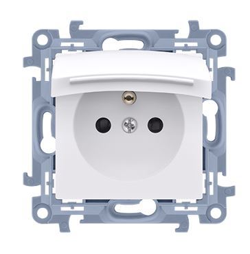 Simon54 Gniazdo pojedyncze bez/u IP44 białe klapka