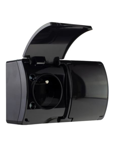 KOALA Gniazdo podwój.2x2P+Z IP44 czarn z klapk n/t